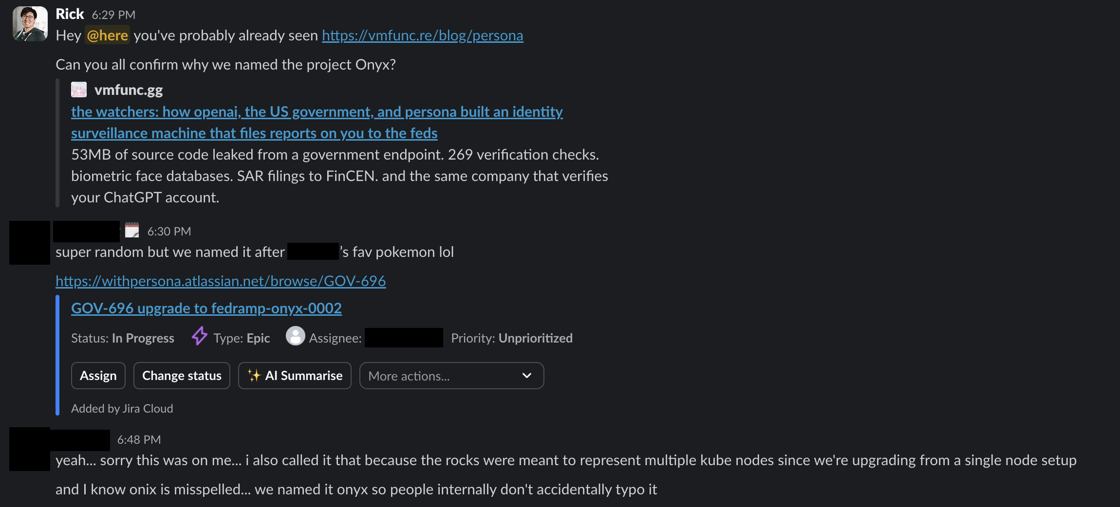 slack messages - rick asking team to confirm the onyx naming. team member confirms it's named after a pokemon, links to GOV-696 jira ticket